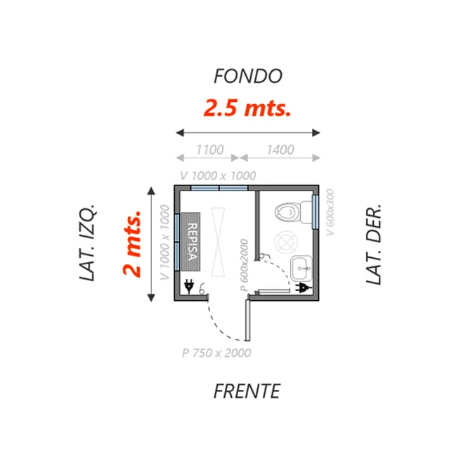 Caseta de 2.5 x 2 mts +Baño Simple 2 — Icontainer